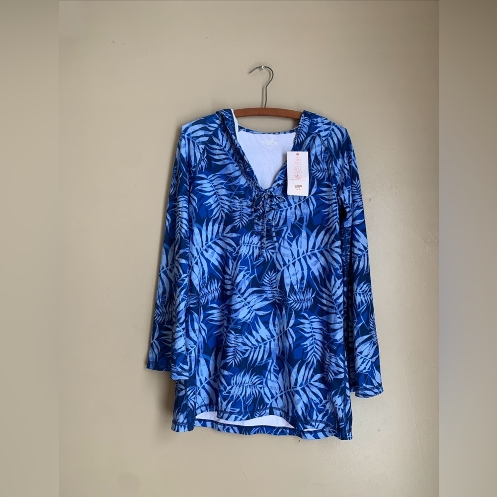UV Skinz Women’s Small Hoodie Beach Blue Palm Print Swim Cover Up Tunic uPF 50+